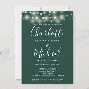 String Lights Script Emerald Green QR Code Wedding Invitation