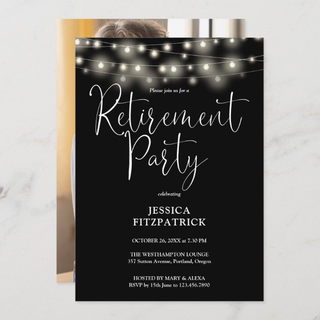 String Lights Script Photo Retirement Party Invitation (Front/Back)