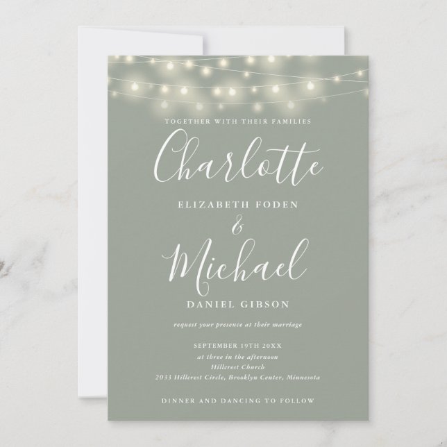 String Lights Script Sage Green QR Code Wedding Invitation (Front)
