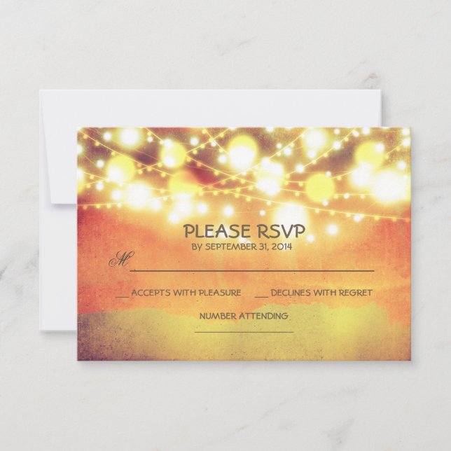 string lights shimmer rustic wedding RSVP Card (Front)