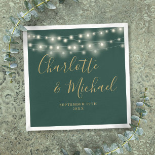 String Lights Signature Gold Script Green Wedding Napkin