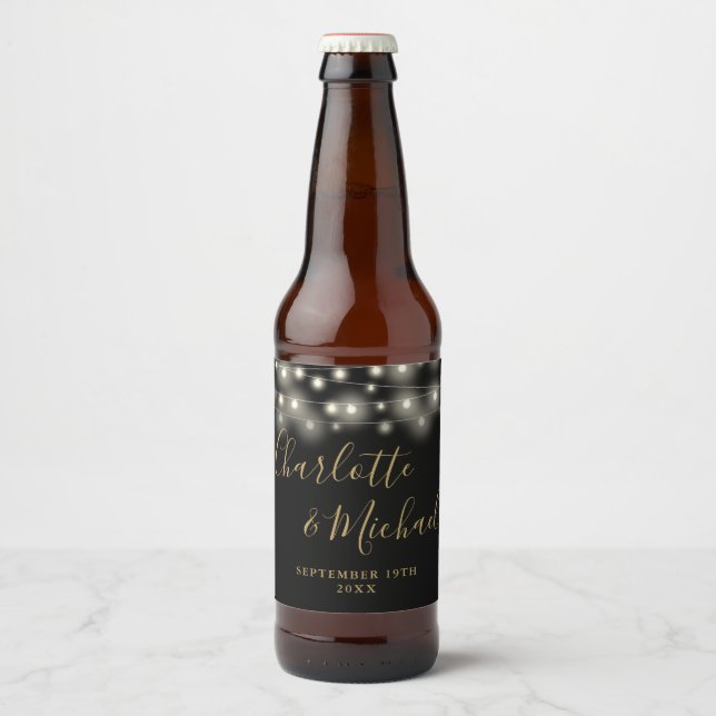 String Lights Signature Script Black Gold Wedding Beer Bottle Label (Front)