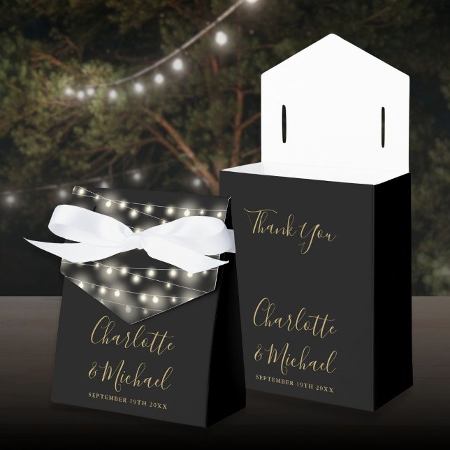 String Lights Signature Script Black Gold Wedding Favour Box (String Lights Signature Script Black Gold Wedding Favor Boxes)