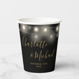 String Lights Signature Script Black Gold Wedding Paper Cups