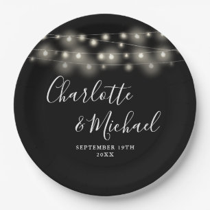 String Lights Signature Script Black White Wedding Paper Plate