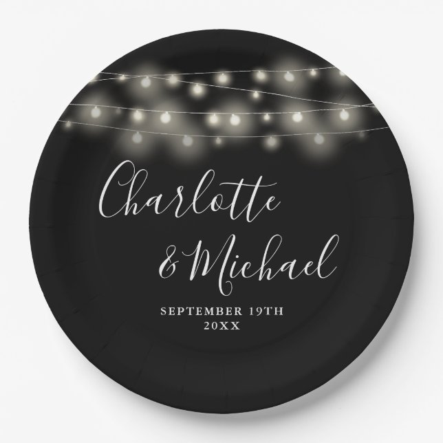String Lights Signature Script Black White Wedding Paper Plate (Front)