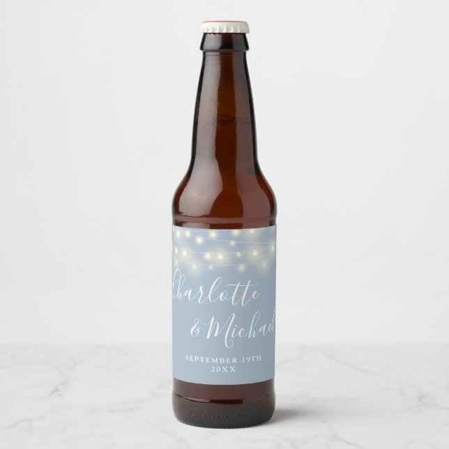 String Lights Signature Script Dusty Blue Wedding Beer Bottle Label (Front)