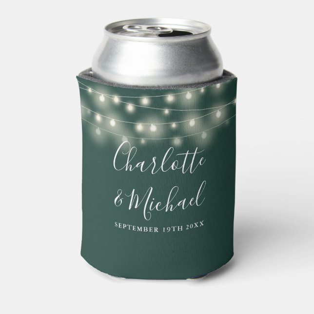 String Lights Signature Script Emerald Wedding Can Cooler (Can Back)