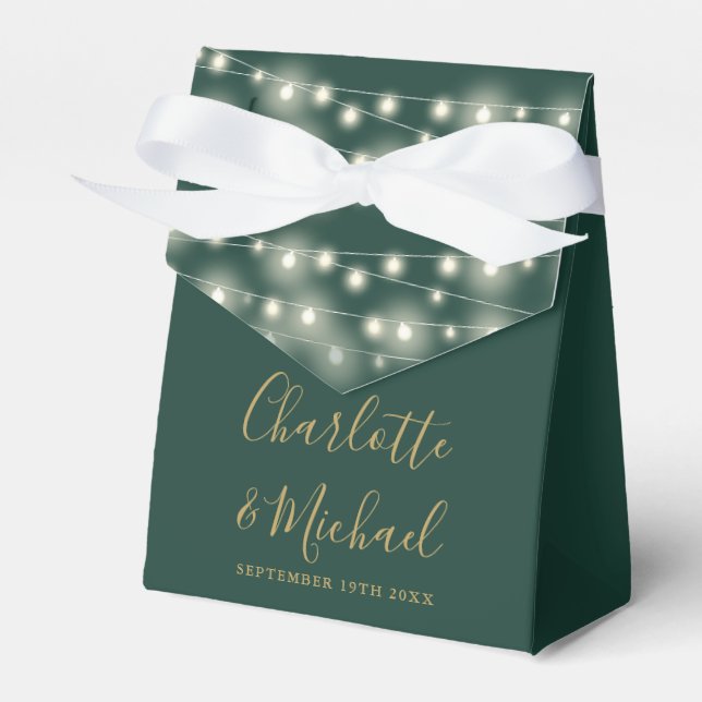 String Lights Signature Script Green Gold Wedding Favour Box (Front Side)