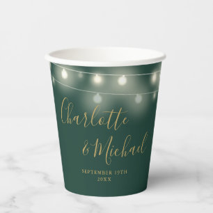 String Lights Signature Script Green Gold Wedding Paper Cups