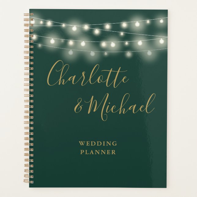 String Lights Signature Script Green Gold Wedding Planner (Front)