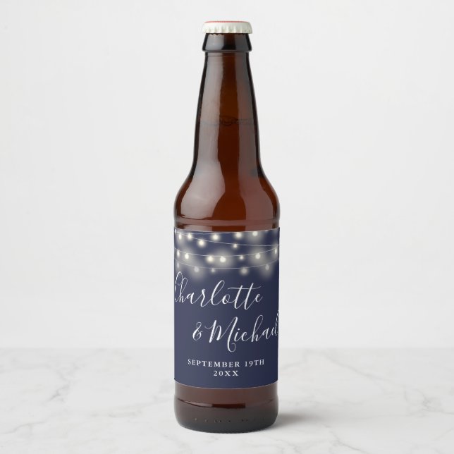 String Lights Signature Script Navy Blue Wedding Beer Bottle Label (Front)