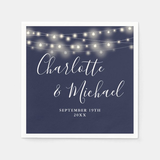 String Lights Signature Script Navy Blue Wedding Napkin (Front)