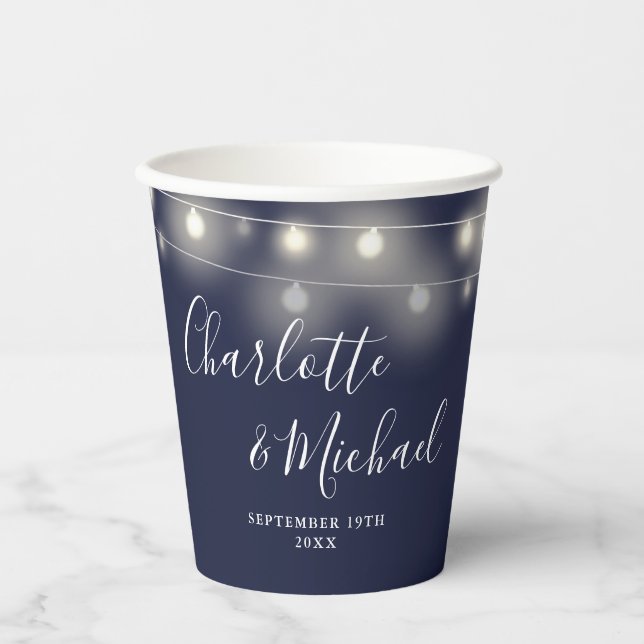 String Lights Signature Script Navy Blue Wedding Paper Cups (Front)