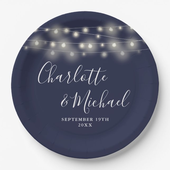 String Lights Signature Script Navy Blue Wedding Paper Plate (Front)