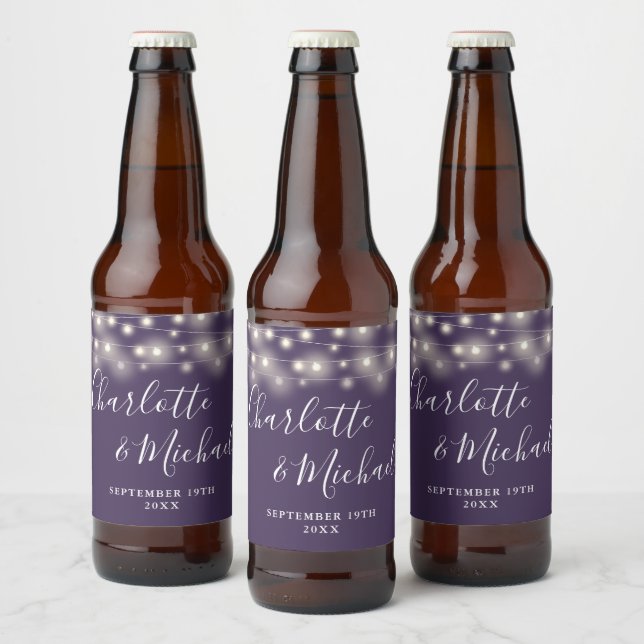 String Lights Signature Script Purple Wedding Beer Bottle Label (Bottles)