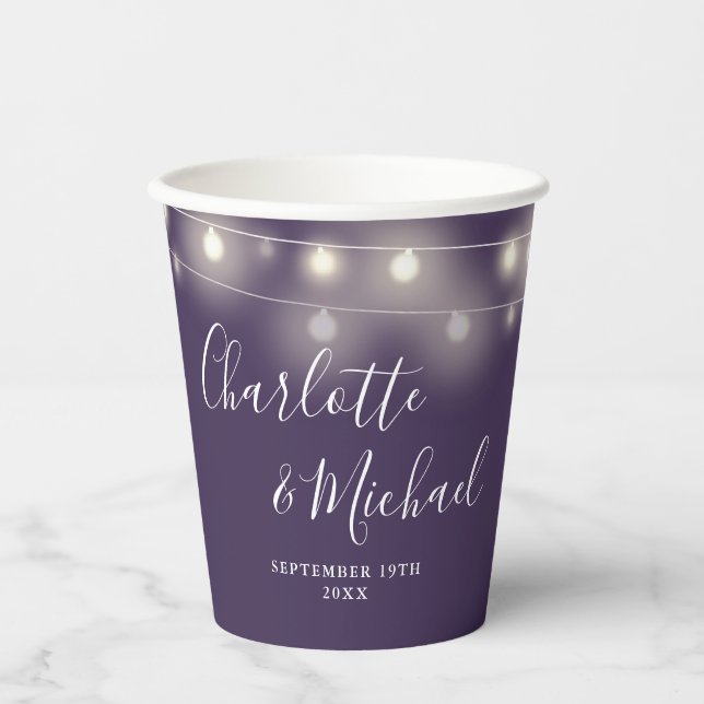String Lights Signature Script Purple Wedding Paper Cups (Front)