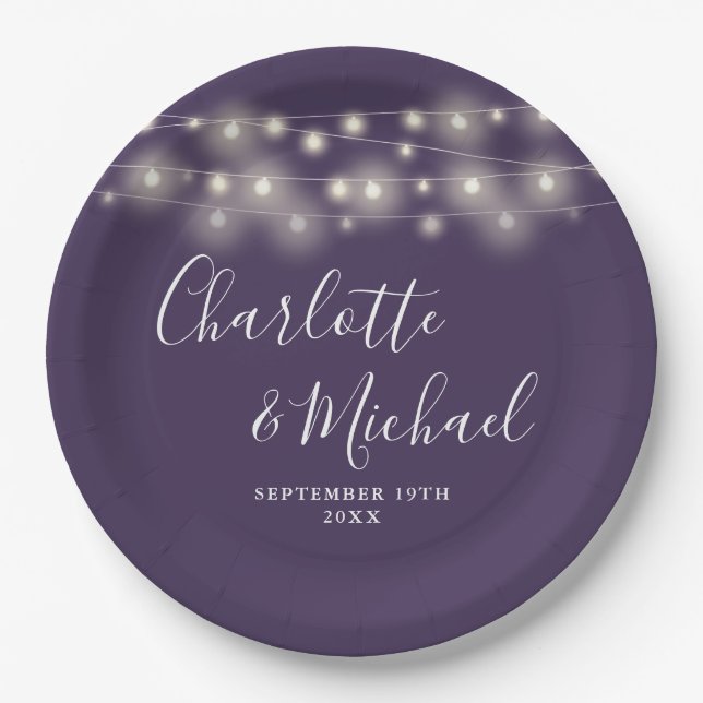 String Lights Signature Script Purple Wedding Paper Plate (Front)