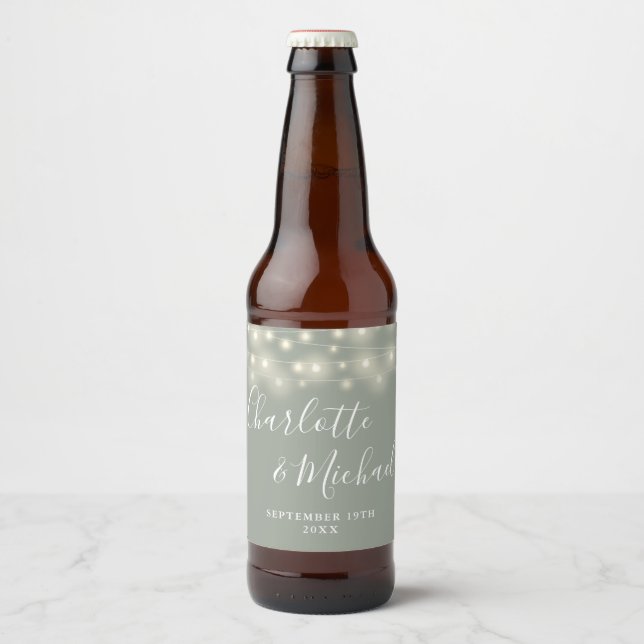 String Lights Signature Script Sage Green Wedding Beer Bottle Label (Front)