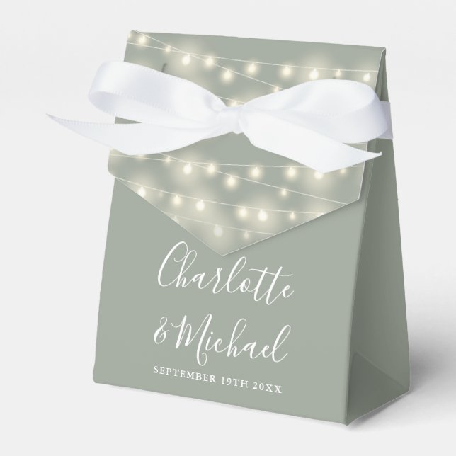String Lights Signature Script Sage Green Wedding Favour Box (Front Side)