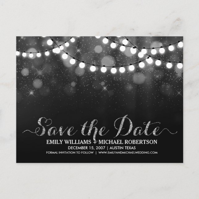 String lights silver bokeh save the date announcement postcard (Front)