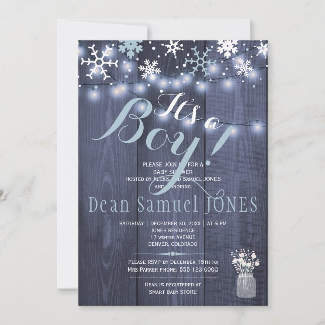 String lights snowflakes barn wood boy baby shower invitation (Front)