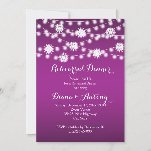 String lights, snowflakes wedding rehearsal dinner invitation (Front)