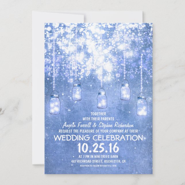 String lights sparkly mason jars wedding invites (Front)