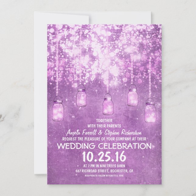 String lights sparkly mason jars wedding invites (Front)