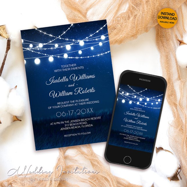 String Lights Starry Night Navy Blue Wedding Invitation (Creator Uploaded)