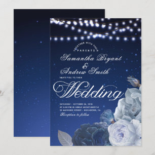String lights stars Blue Elegant Wedding Invitation