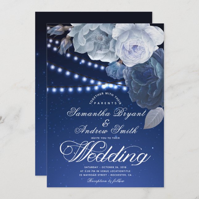 String lights stars Blue Elegant Wedding Invitation (Front/Back)