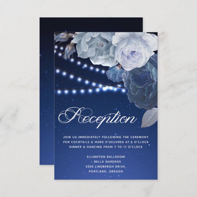 String lights stars Blue Elegant Wedding Reception Invitation (Front/Back)