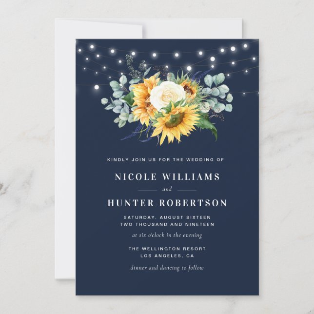 string lights sunflower navy blue wedding invitation (Front)