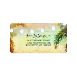 String Lights Sunset Beach Wedding Label