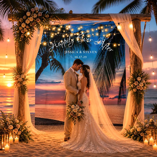 String Lights Sunset Palm Beach Wedding Backdrop Tapestry (Creator Uploaded)
