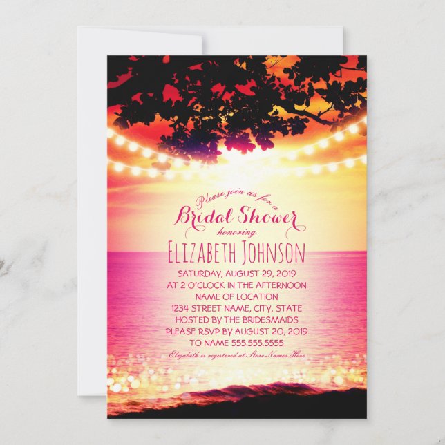 String lights Sunset Tropical Beach Bridal Shower Invitation (Front)