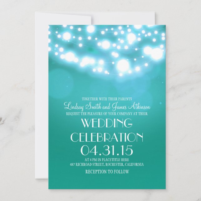 String lights teal blue elegant wedding invites (Front)