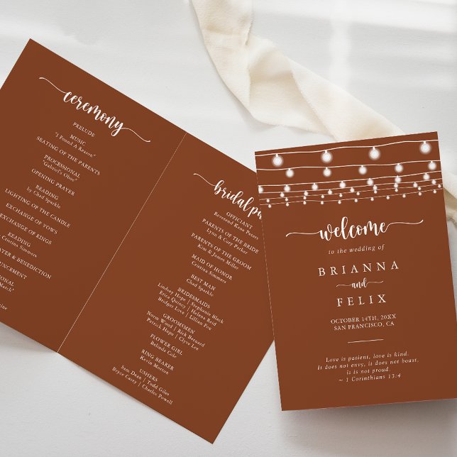 String Lights Terracotta Folded Wedding Program Programme (Creator Uploaded)