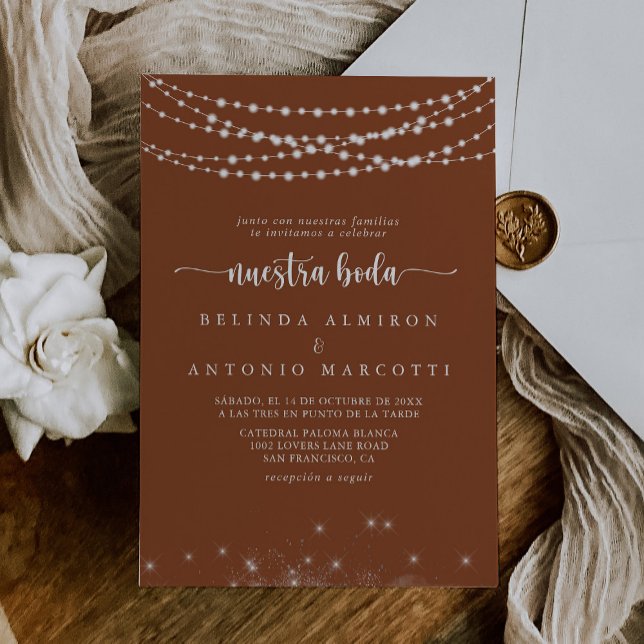String Lights Terracotta Nuestra Boda Wedding  Invitation (Creator Uploaded)