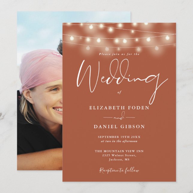String Lights Terracotta Photo Wedding Invitation (Front/Back)