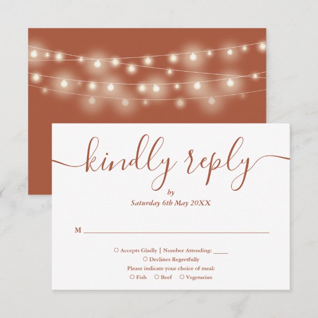 String Lights Terracotta Script Meal Choice RSVP Card (Front/Back)