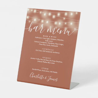 String Lights Terracotta Wedding Bar Menu Pedestal Sign