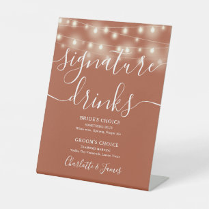 String Lights Terracotta Wedding Signature Drinks Pedestal Sign