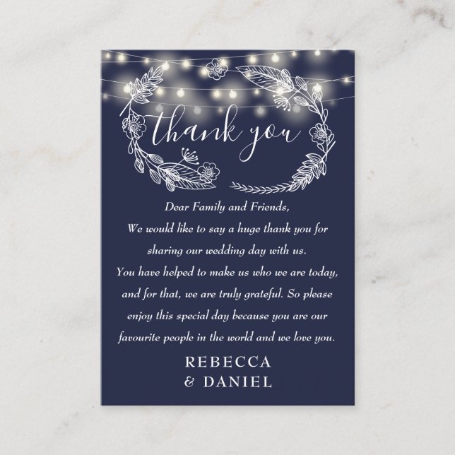String Lights Thank You Navy Blue Wedding Place Card (Front)