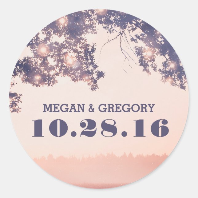 String Lights Tree Branches Rustic Wedding Classic Round Sticker (Front)