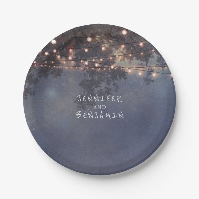 String Lights Tree Branches Rustic Wedding Paper Plate (Front)