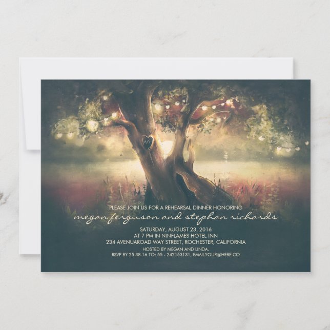 String Lights Tree - Carved Heart Rehearsal Dinner Invitation (Front)
