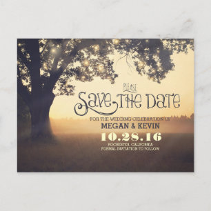String lights tree romantic save the date postcard