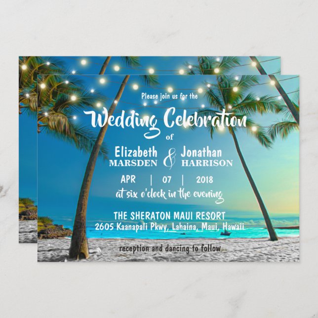 String Lights Tropical Beach Modern Wedding Invitation (Front/Back)